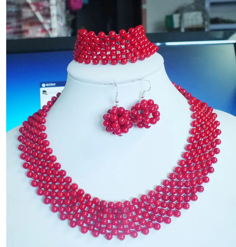 

High Quality Wine Red Coral Beads Wedding Jewelry Set Gift Women Jewelry Coral Necklace Set 18"