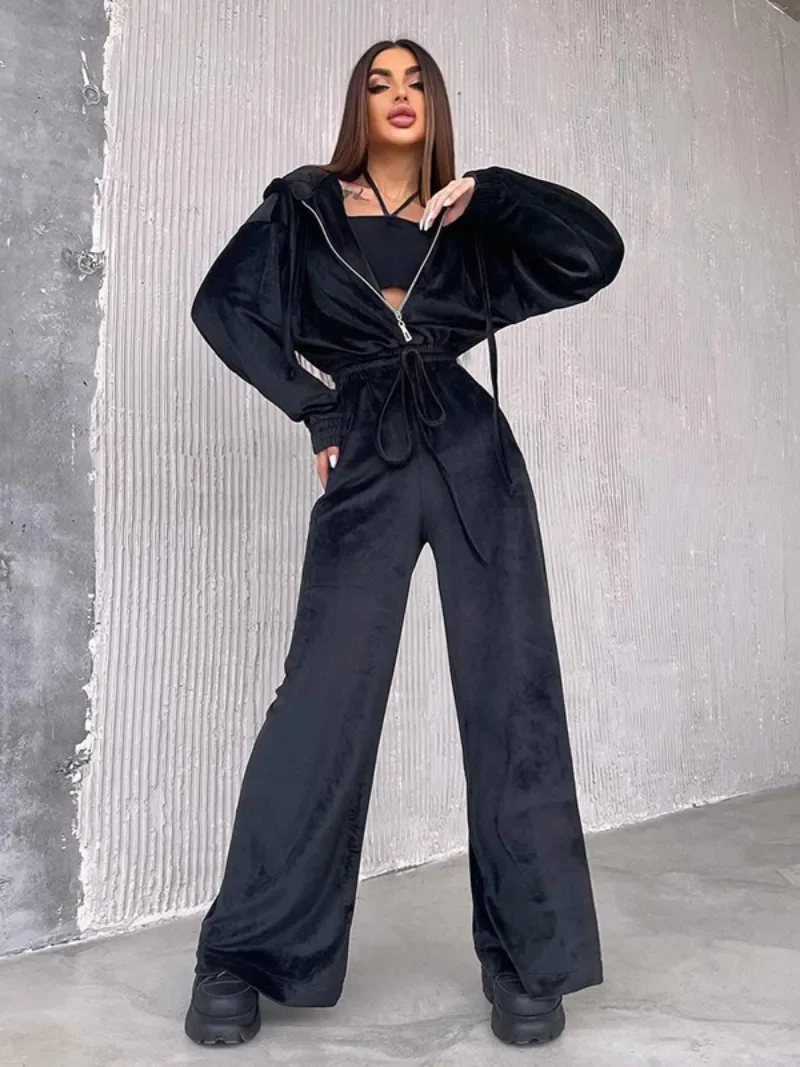 

Women's Autumn Hooded Zip-up Jumpsuits Fashion Casual Long Sleeve High Waist Solid Overalls Female Wide Leg Pants Sports Outfit