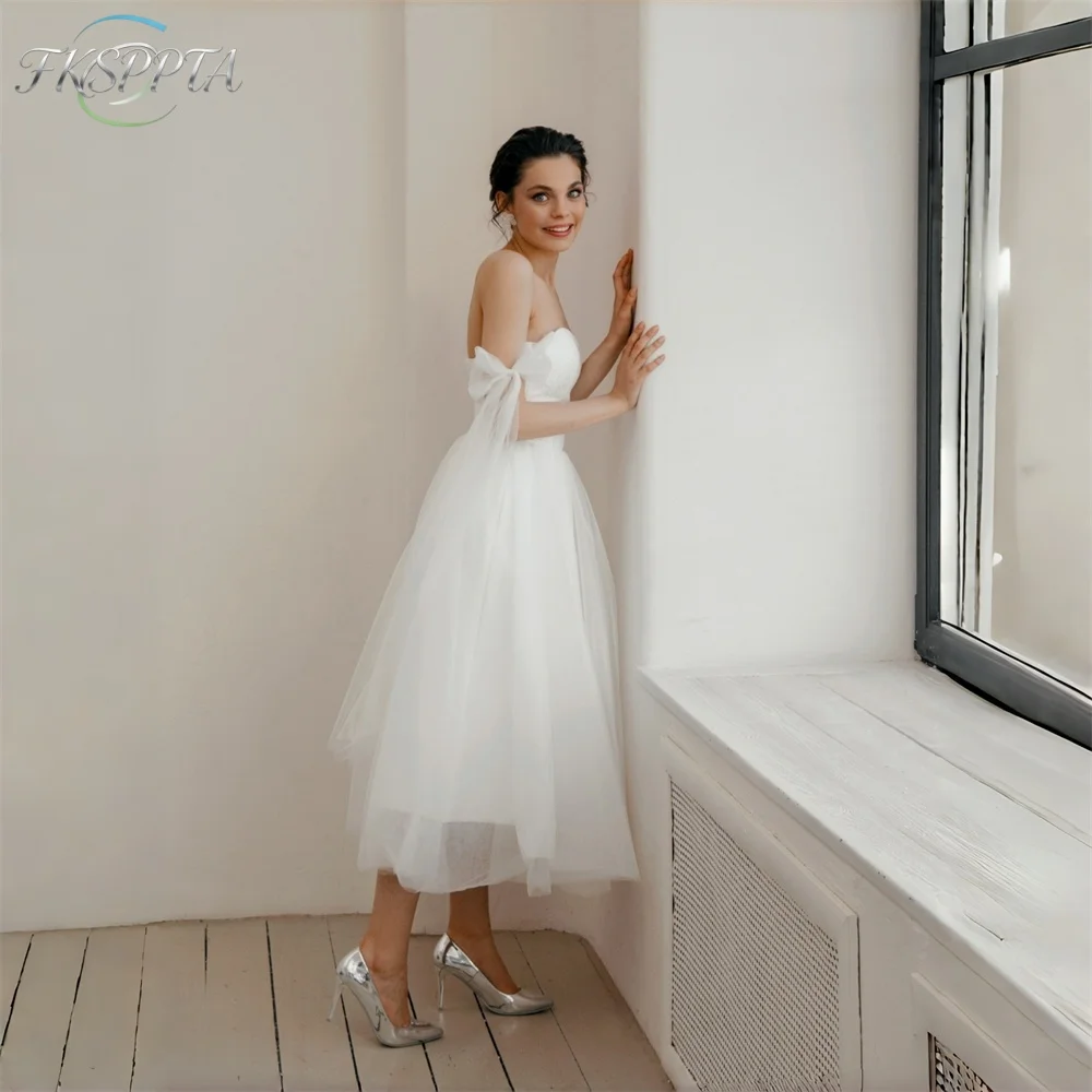 Simple Short White Wedding Dress A Line Tea Length Sweetheart Corset Back Plus Size Beach Wedding Gowns For Bride Wholesale