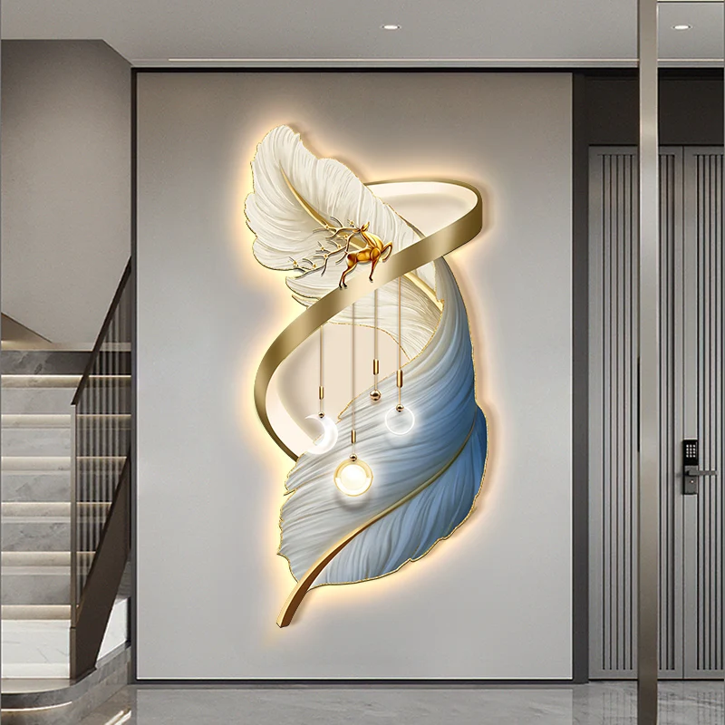 

Wholesale Custom LED Foyer Decorative Painting Art Deco Style Elk Mural Wall Hanging Still Life Feather Design