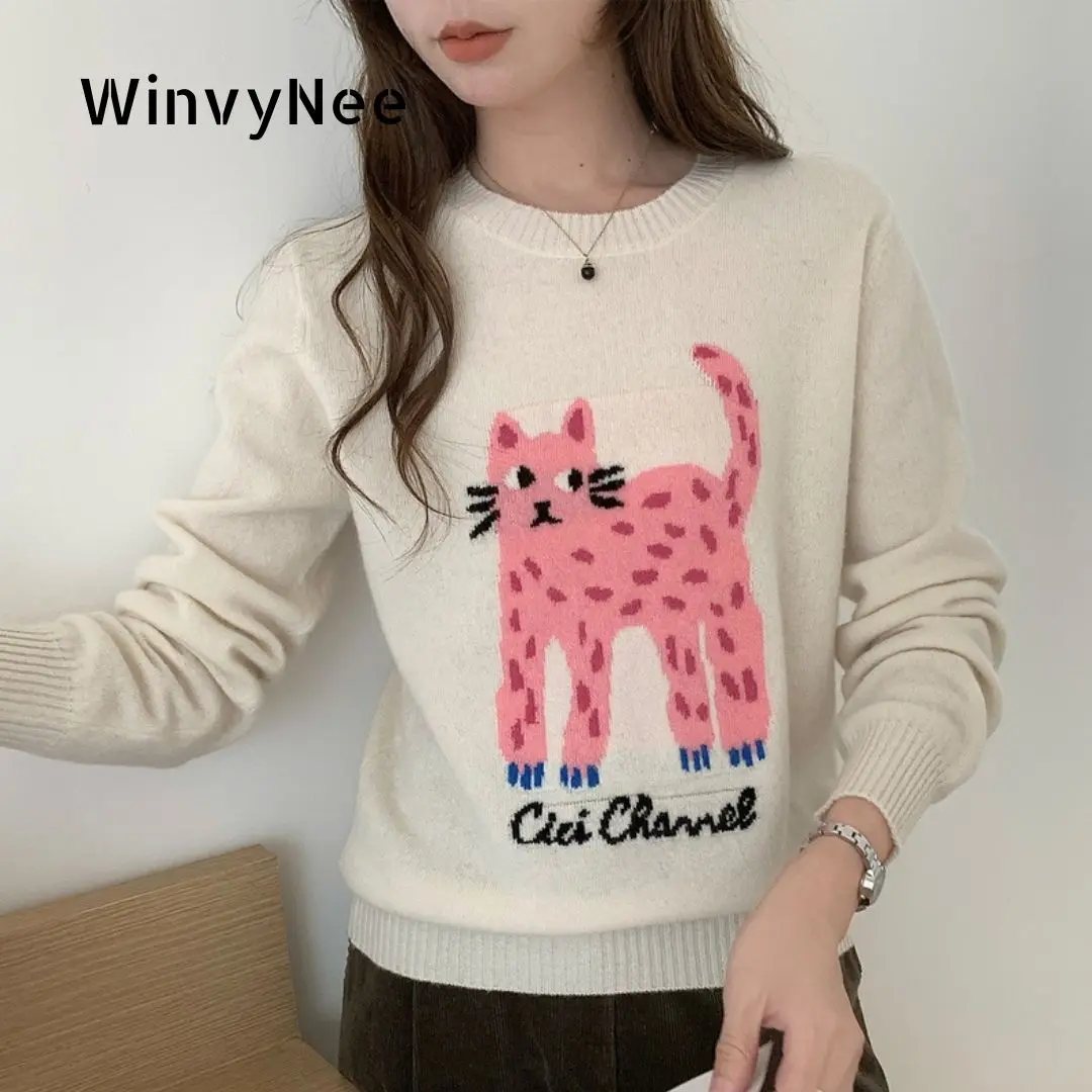 

WinvyNee женская одежда из мериносовой шерсти с длинными рукавами, свободные повседневные вязаные пуловеры с круглым вырезом и кошачьим узором, теплые зимние A1523050