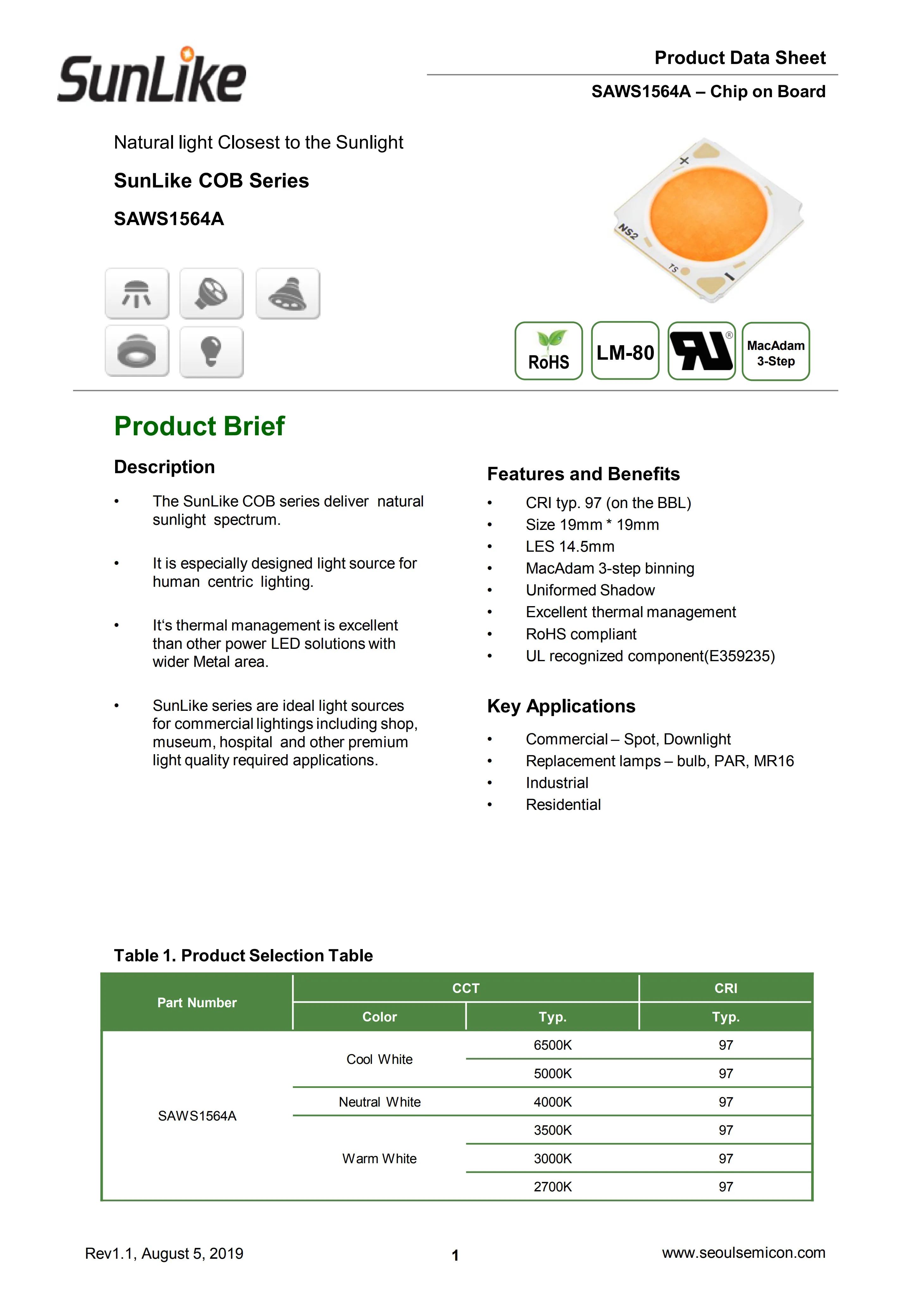 15W SunLike LED COB Series SAWS1564A CRI typ. 97  35.0V 0.43A For LED Spot, Downlight,Bulb, PAR, MR16  DIY