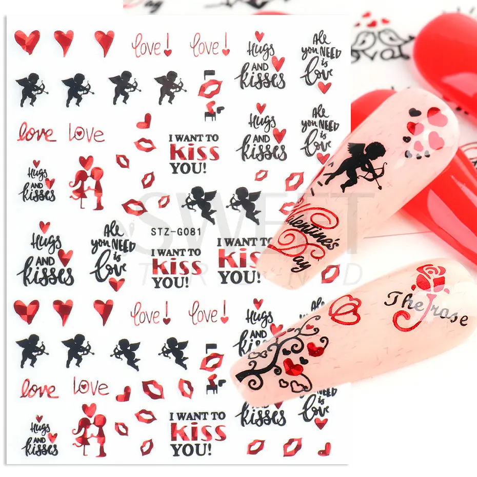 3D Valentine Nail Stickers Rose Love Heart Couple Red Sexy Lips Leopard Design Gel Polish Slider DIY Nail Art Decoration BESTZ-G