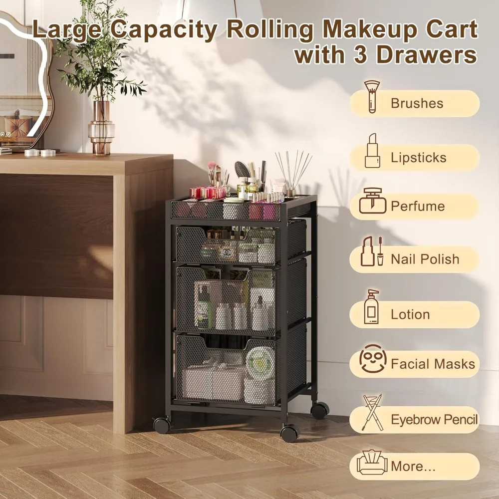 3-Drawer Rolling Makeup Cart with Dividers & Wheels, Versatile Cosmetic Storage Organizer for Beauty Tools, Black