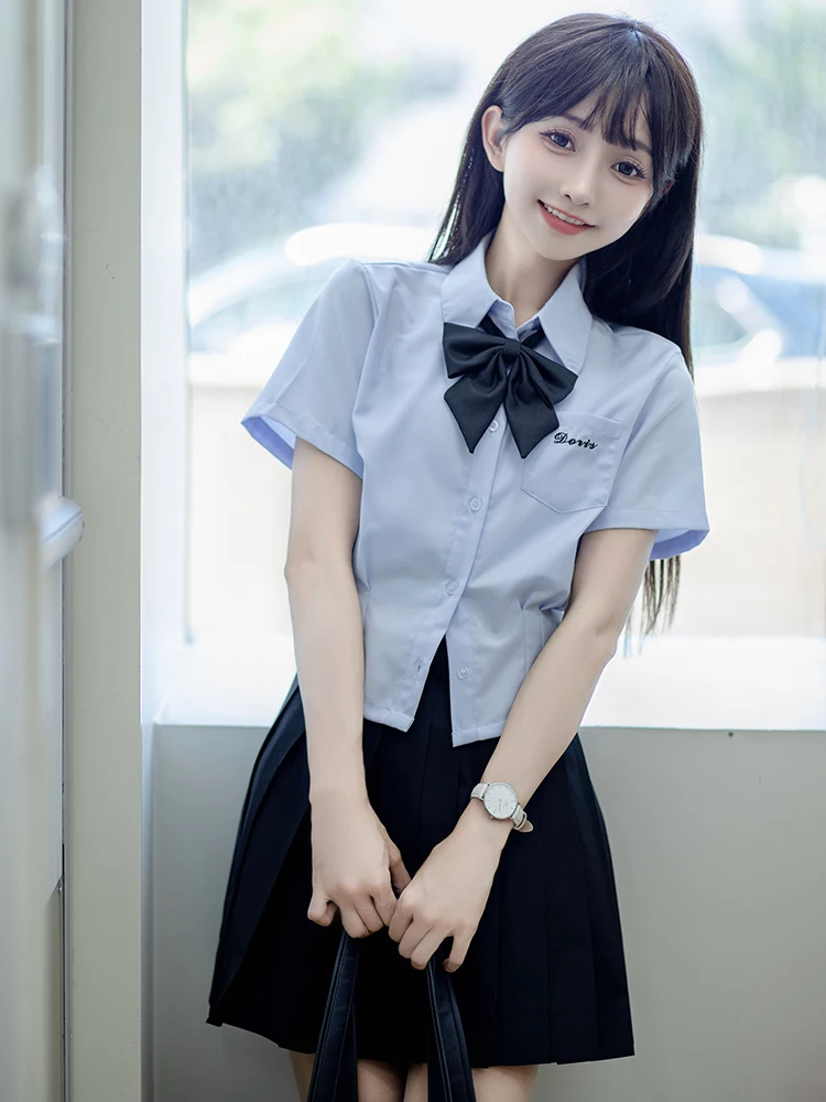 Original Jk Shirt Women's Thai School Uniform Blue Top Summer Short Sleeve Slim Fit Waist Cinched Shirt Set Sweet Style Short...