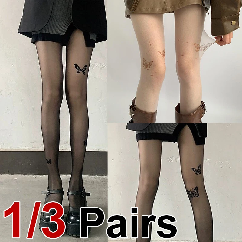 1/3 Paar Strumpfhosen mit Schmetterlingsdruck, hautfarben, Retro-Modetrend, leicht, atmungsaktiv, weich, bequem