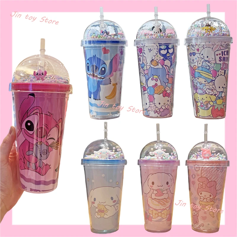 

Kawaii Stitch Sanrio Cinnamoroll My Melody Double Layer Straw Cup Kuromi Little Twin Star Tuxedosam Creative Plastic Water Cup