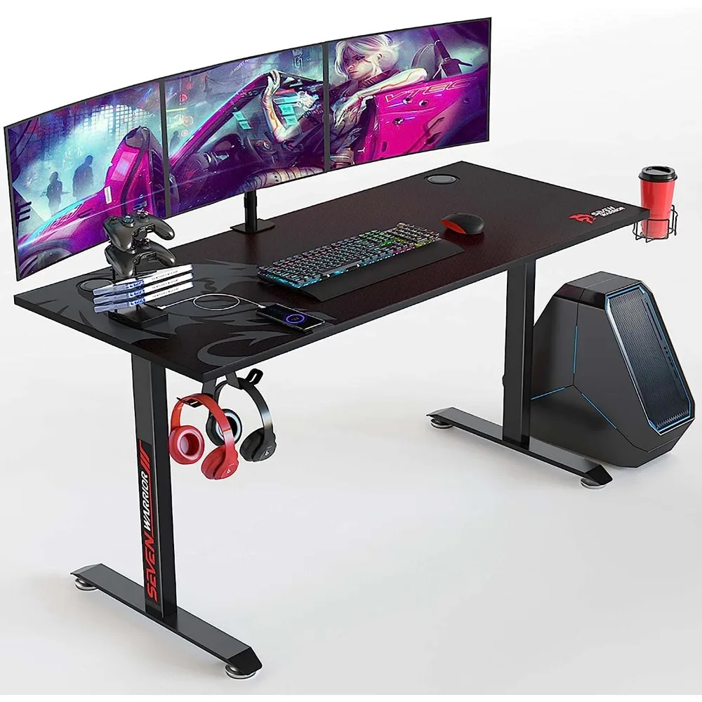 Computer Desk 55 Inch, T-Shaped Carbon Fiber Surface Computer Desk with Full Mouse Pad, with Dual Headset Hooks, USB Game Stand