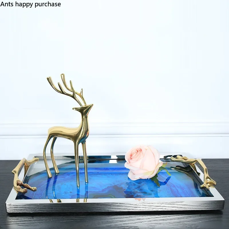 European Style Blue Agate Stone Pattern Metal Tray Round Rectangular Tray Cosmetic Accessories Storage Show Plate Decoration