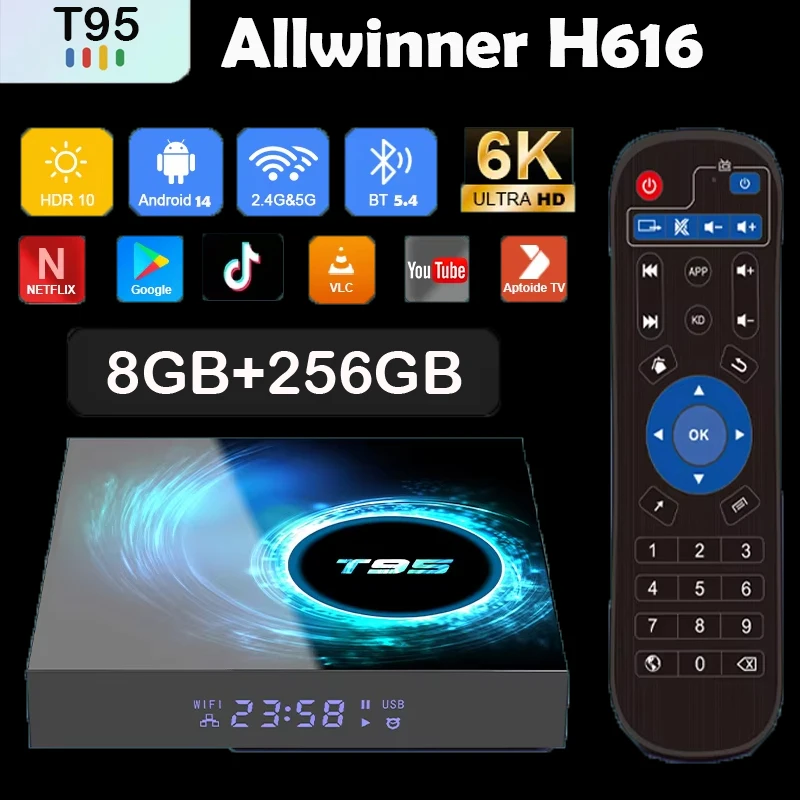 

Android14 T95 Smart TV Box 8GB 256GB Allwinnerh616 Media Player Dual WiFi Bluetooth 5.4 Remote Support Google Voice Set Top Box