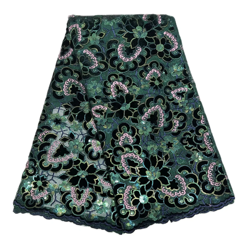 

High Quality Newest Velvet Sequins Lace Fabric 5 Yards Nigerian Gilding Embroidery Lace Wedding Dress Fabric Women Luxury Velvet