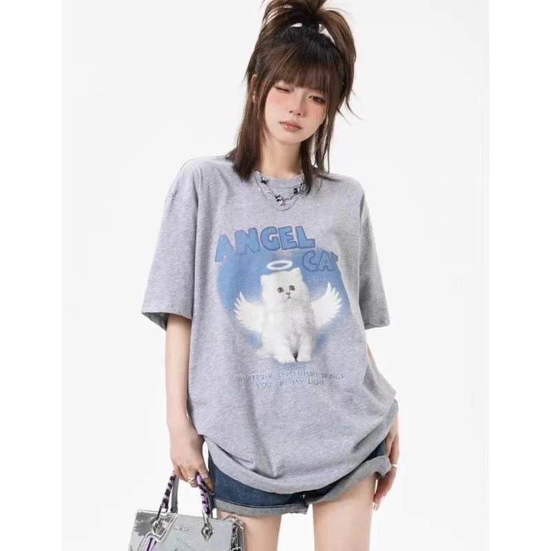 

Cute Angel Cat Printed T-shirt for Men and Women Pure Cotton Summer Fashion Trend Casual Comfy Couple Short Sleeve Top Harajuku