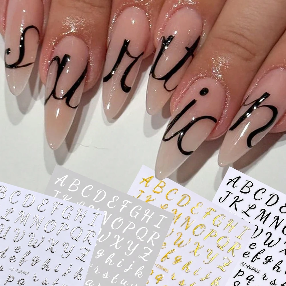 4Pcs Cursive‑Script Letter Nail Stickers 3D 0-9 Number‑Symbol Self‑Adhesive Nail Decals Y2K Elegant Custom‑Name Nail Art Decor