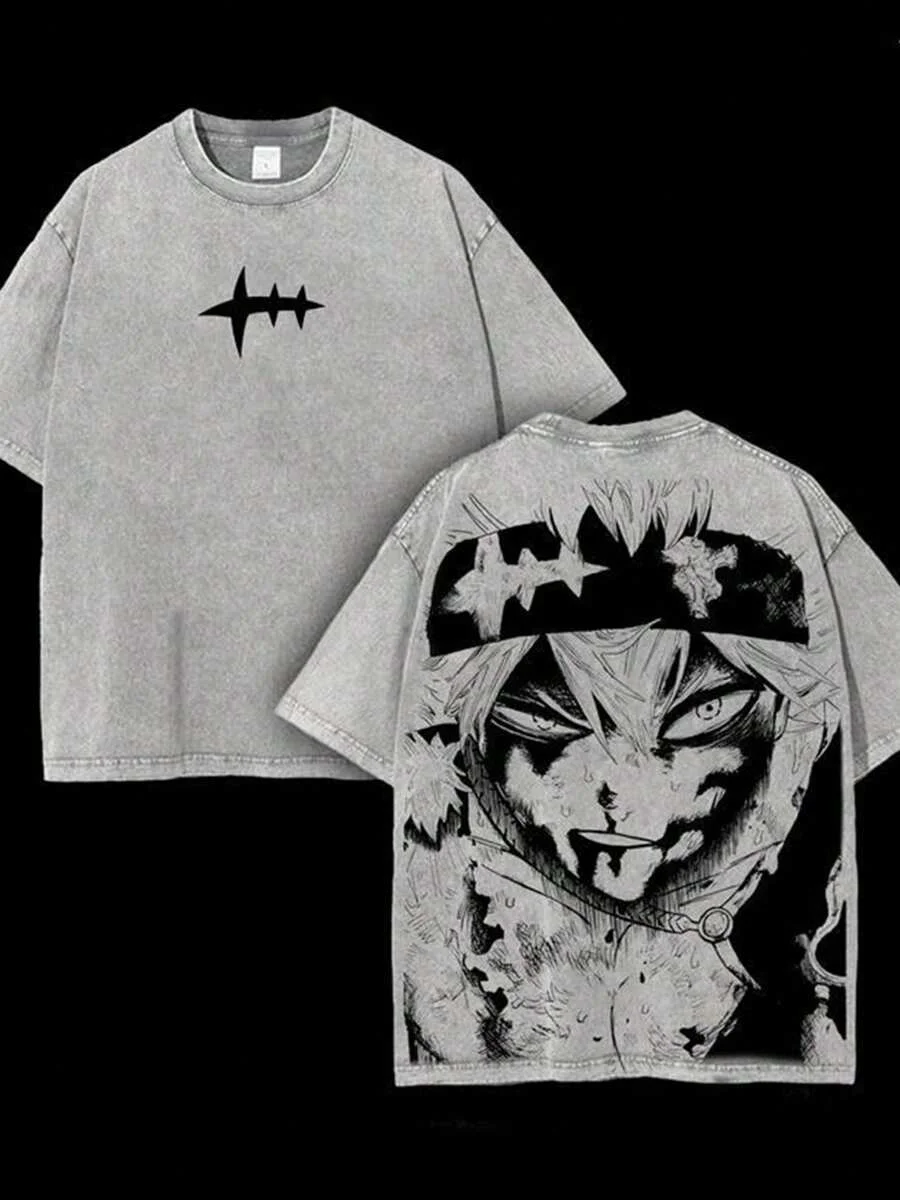 Camiseta Estampada Asta, Ropa de Anime Black Clover, Camisetas de Algodón de Manga Corta Unisex, Camiseta Vintage Oversized Harajuku Lavada