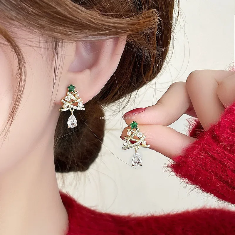 أزياء عيد الميلاد الأقراط الفضة غير المتماثلة عيد الميلاد ثلج وشجرة عيد الميلاد الأقراط غرامة مجوهرات هدايا أقراط للنساء