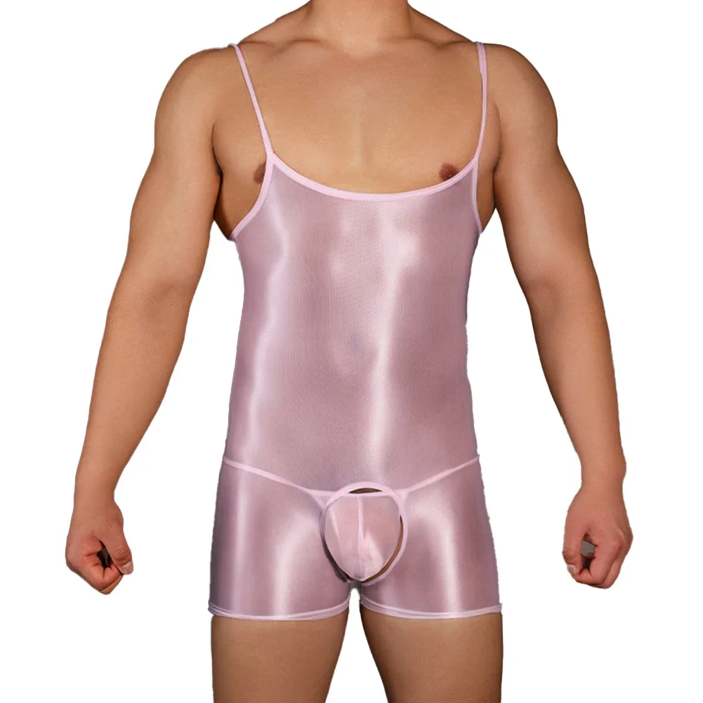 Sexy Shiny Glossy Spaghetti Strap Bodysuit Men Open Crotch Shorts Gay Underwear Sex Love Lingeri Adjustable Crotchless Jumpsuit