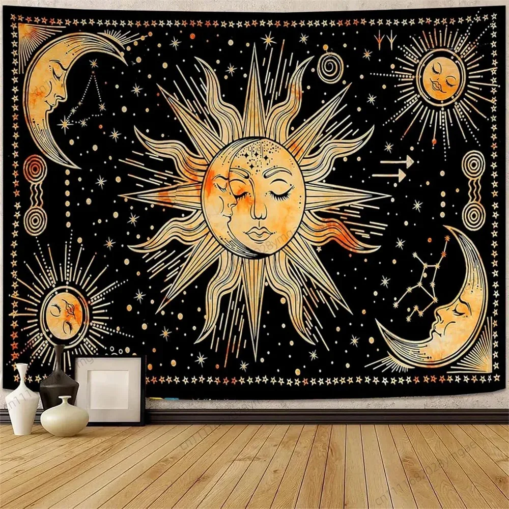 Hippie Bohemian Wall Tapestry Sun Moon Wall Hanging Tapestry Vintage Floral Witchy Aesthetic Bedroom Background Cloth Wall Art