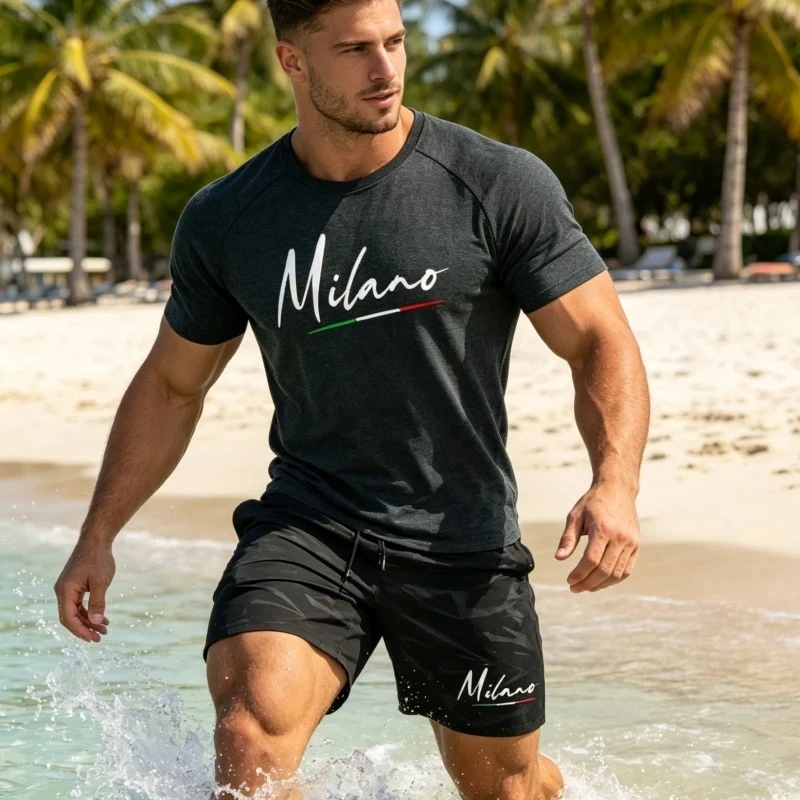 

Men's Summer Stretch Ice Silk Outfit, Comfortable Breathable Short-Sleeve T-Shirt and Casual Sports Shorts 2-Piece Men's Set