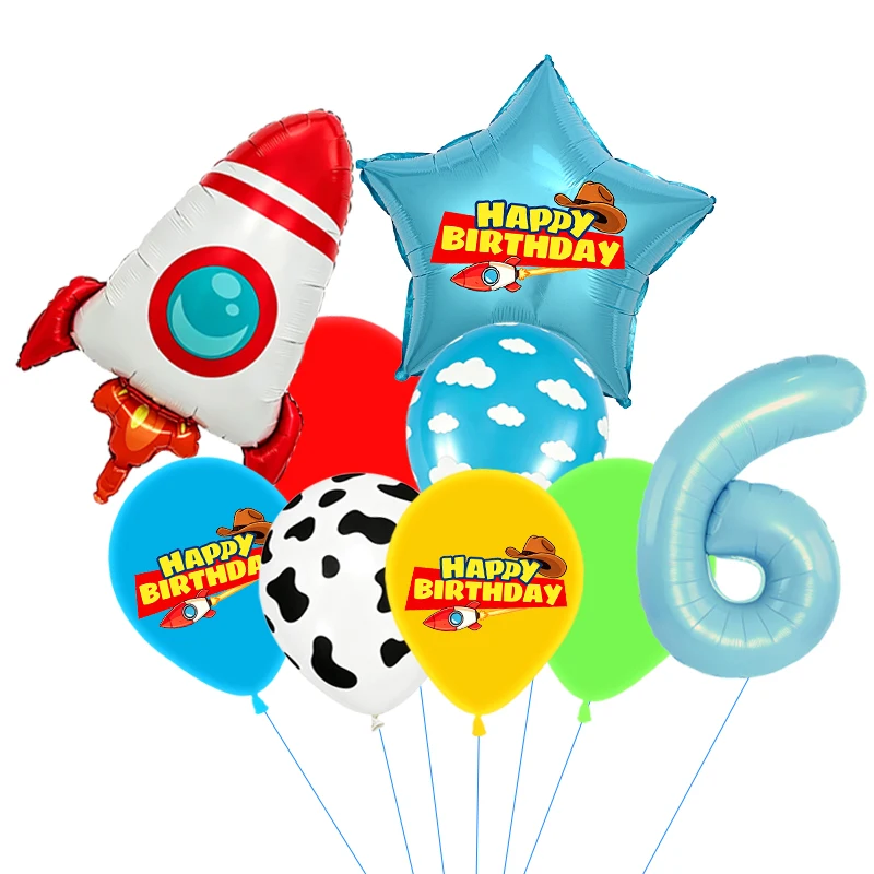 Rote, gelbe und grüne Spielzeugballons, hellblaue Ballons mit Wolken- und Kuhmuster für die Dekorationen zu Babystory- und Cowboy-Partys – Detail 25