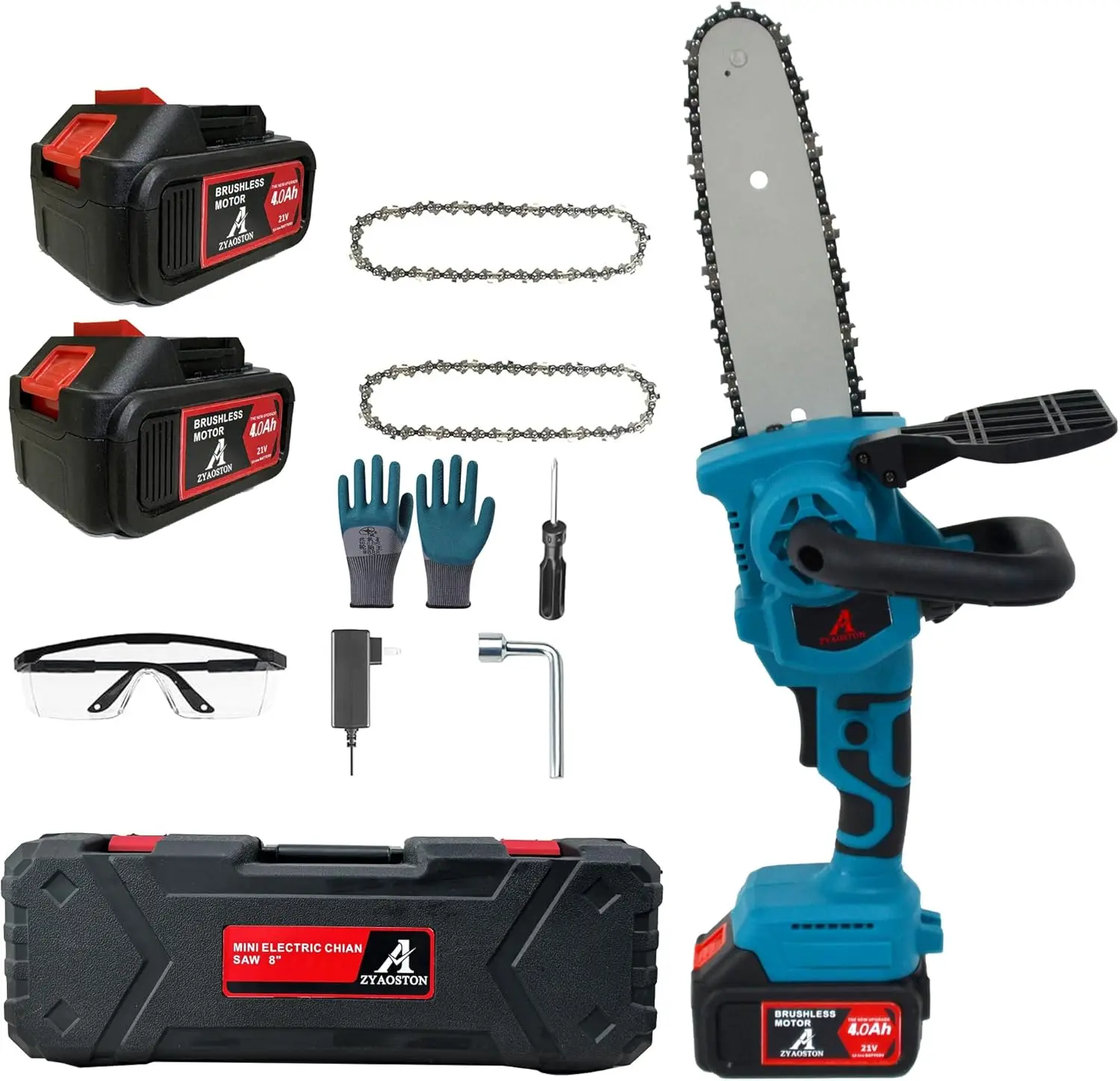 

8 Inch Cordless Electric Chain Saw, 800W brushless motor, With 2 Batteries(21V-4A), Mini Handheld electric chain saws for Tree B