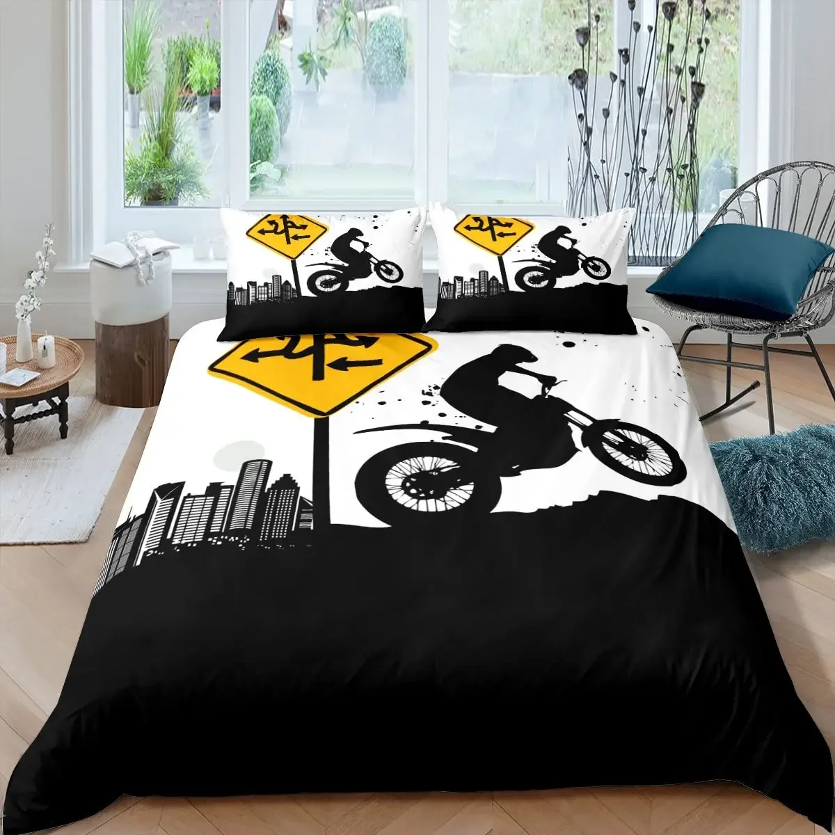 Dirt Bike Motorbike Duvet Cover Motocross Racer Bedding Set Boys Motorcycle Extreme Sports Quilt Cover Polyester Comforter Cover