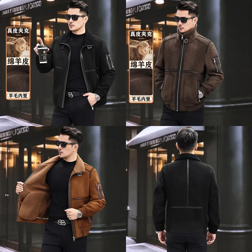

Men's Wool Collar Leather Windbreaker Jacket Winter Warm Motorcycle Style Outerwear