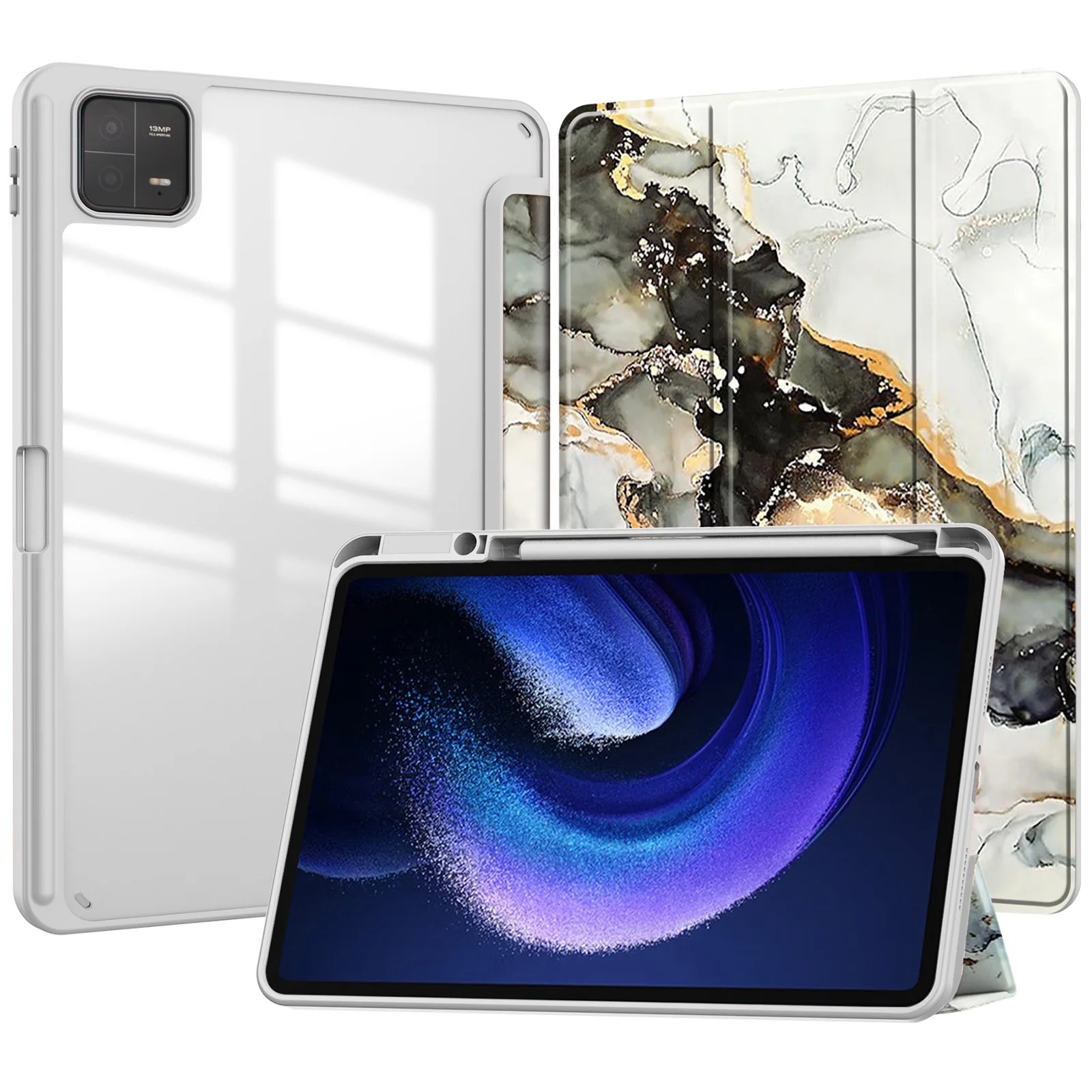 For Xiaomi Pad 6 Pro  /  Pad 6 Tablet Case Tri-Fold Stand Pattern Printing Clear Acrylic Leather Cover - Grey Marble