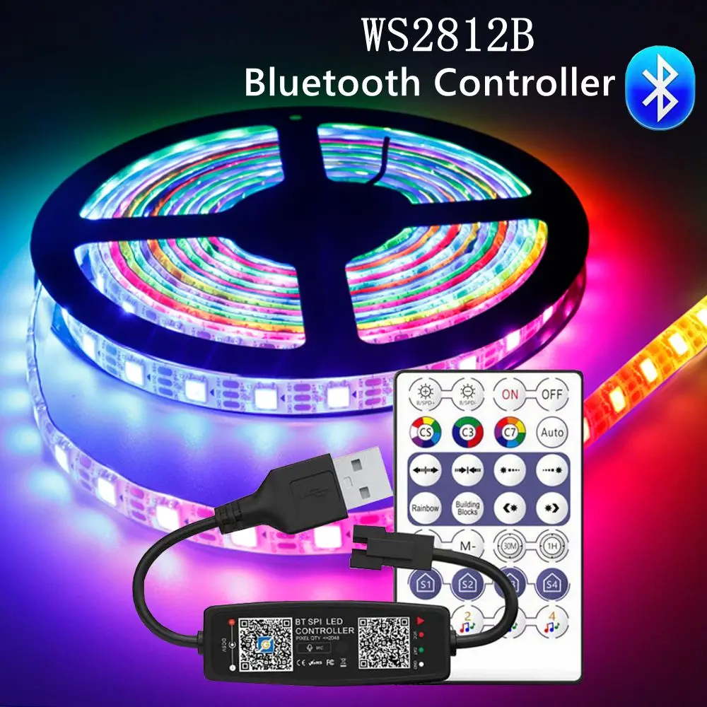 Ws2812b tira conduzida individualmente endereçável inteligente rgb tira conduzida impermeável com 28 teclas kit controlador de música bluetooth dc5v