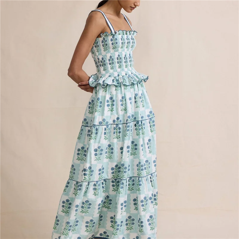AOAO-ผู้หญิงฤดูร้อนBoho Tieชุดไหล่Y2kดอกไม้Smocked FlowyชุดยาวRuffleฉัตรBeach Vocation Sundress