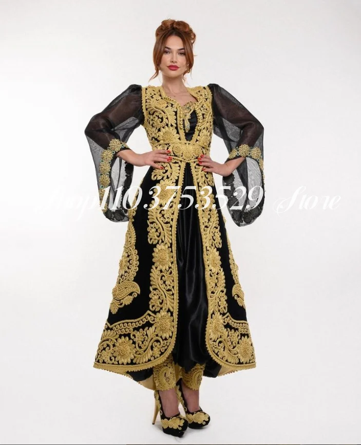 Sparkling Black Arabian Prom Dresses Elegant Embroidered Applique Karakou Algerien Custom Women's Evening Gowns فساتين سهره