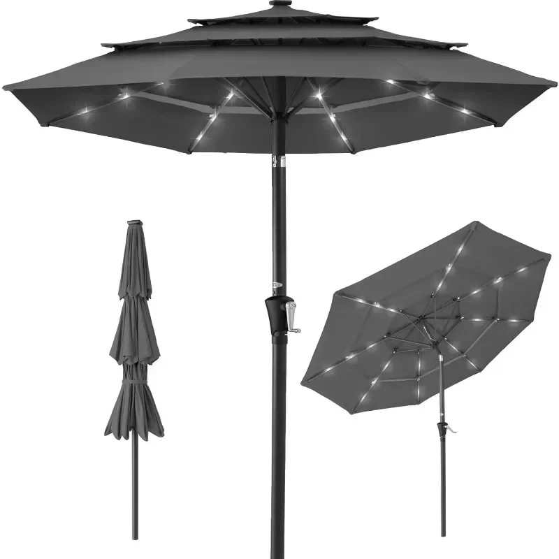 Parapluie solaire à 3 niveaux de 10 pieds, pare-soleil de marché extérieur pour arrière-cour, terrasse, bord de la piscine avec 24 lumières LED