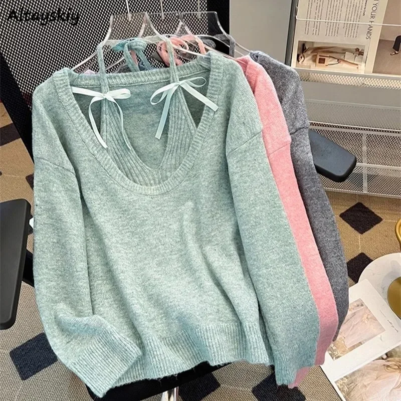 

Sweater Sets Women Autumn Knitted Tender Skin-friendly Baggy Cozy Pullover Halter Bow Design Camis All-match Leisure Sweet Girls