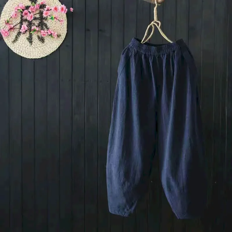 

Cropped Pants for Women Solid Loose Casual Vintage Summer Sale Korean Style Literary Elastic Waist Harem Pants Streetwear Women