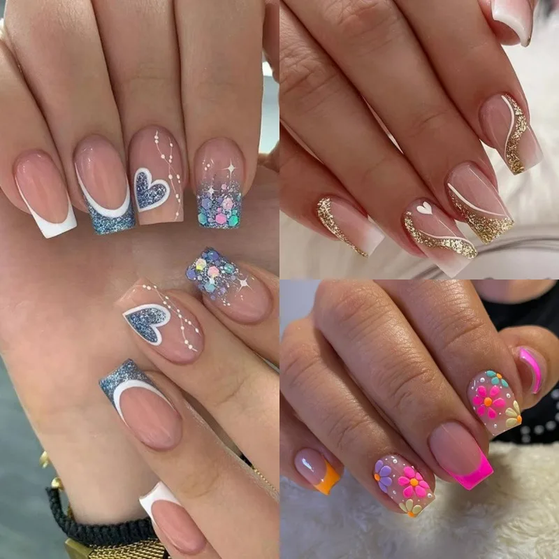 

3 Sets of 72 Pcs Heart-shaped and Floral Nail Presses, Square Fake Nails with Shiny and French Hints, Holiday Gift Nail Set