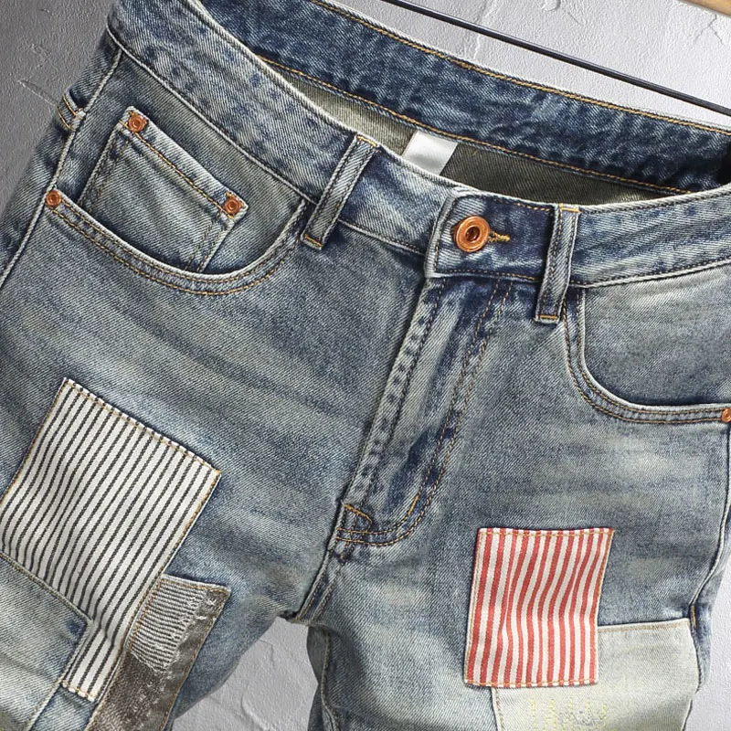 Summer Fashion Casual Men Jeans Retro Washed Blue Stretch Ripped Short Jeans Hombre Patched Designer Hip Hop Denim Shorts MEN
