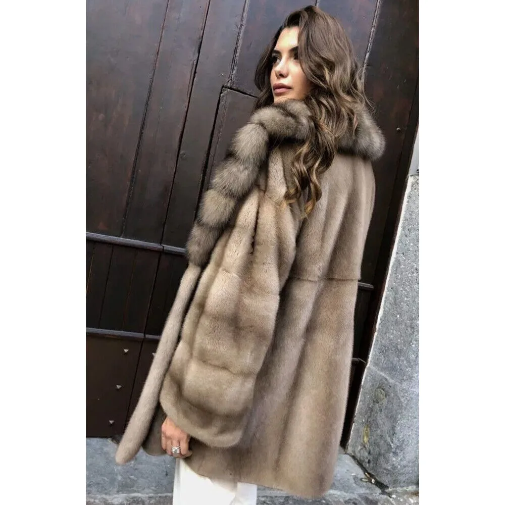 Real Natural Mink Fur Coat Women Luxury Thick Striped Fur Collar Warm Winter Overcoat women's clothing trend 2024 New in coats