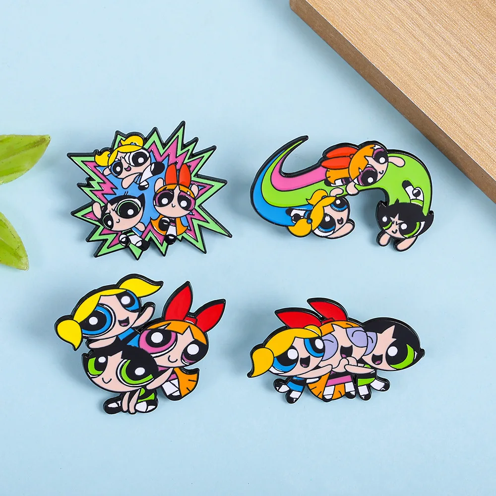 AA 4 Pcs/Set Funny Animation Brooch Blossom Enamel Pin The Powerpuff Girls Anime Backpack Clothing Metal Badge Accessories Gifts