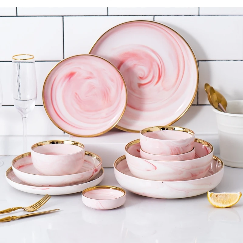 Tableware ceramic bowl and plate set marble texture with golden household rice shallow pink