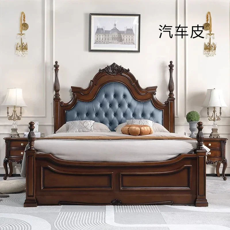 

American Style Solid Wood Genuine Leather Double Bed Princess Bed European Luxury Master Villa Carved Pillars Bed