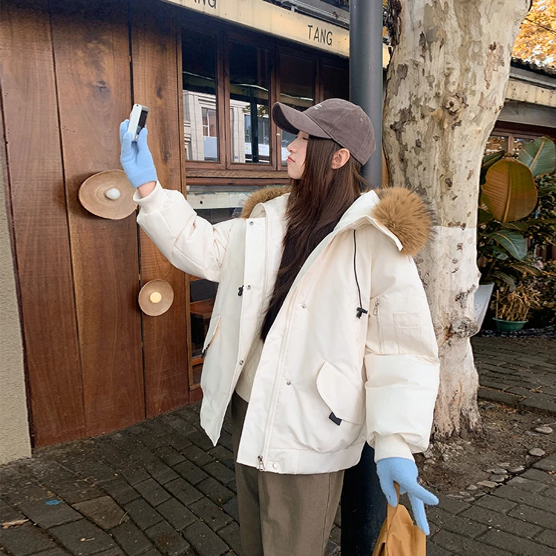 Inverno grande collo di pelliccia con cappuccio giacche utensili 2025 moda donna piumino imbottito in cotone cappotto manica lunga cappotti coreani tendenza