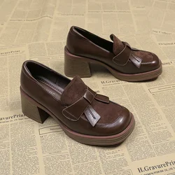 2024 New Loafers Chunky Burst Brown Leather High-heeled Pumps Luxury Woma Heel Platform British Style Women's Shoes Plus Size 40