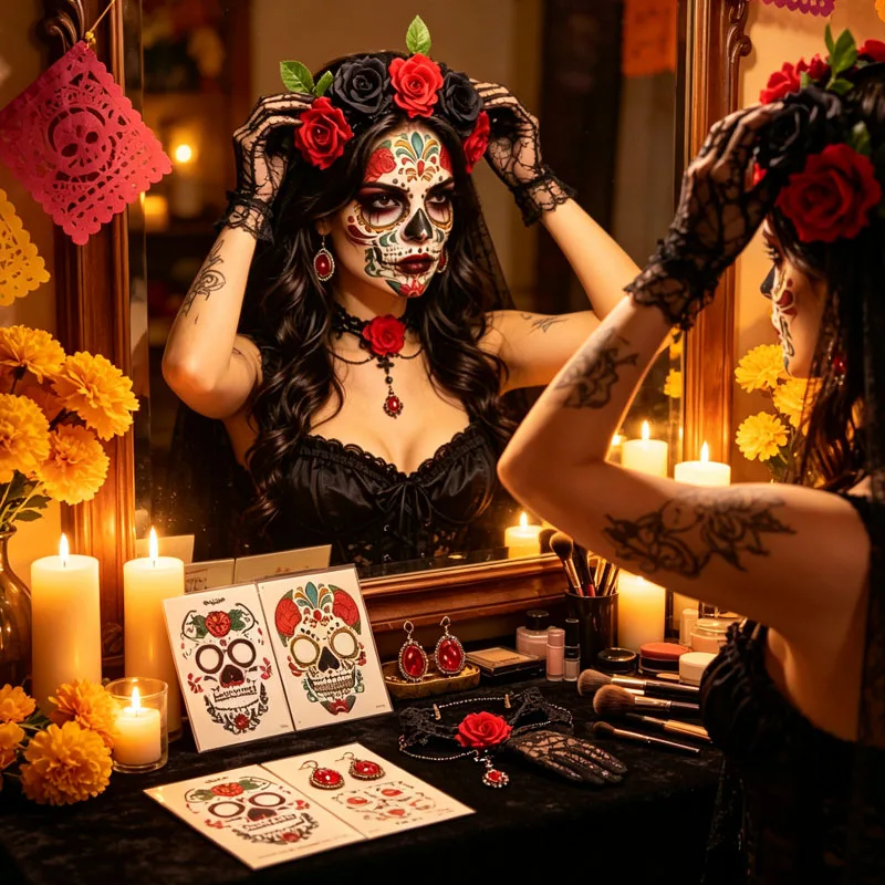 set-de-1-5-tatuajes-temporales-de-calaveras-del-dia-de-los-muertos-con-corona-floral-y-diadema-de-tela-de-arana-para-fiesta-de-disfraces-de-halloween
