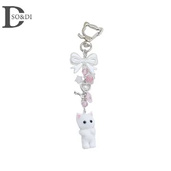 Car Keys Holder Flocking Cat Keyring Bowknot Small Flower Bead Pendant Phone Lanyard Animal Key Chain Charm Accessories