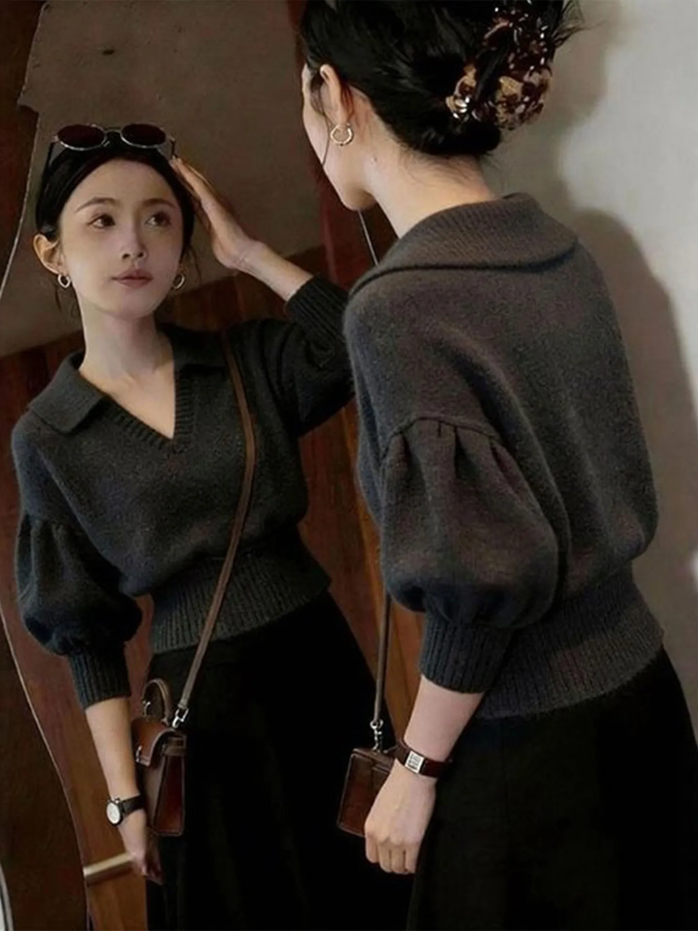 

Женский вязаный свитер с V-образным вырезом и рукавами-фонариками, повседневный свободный топ с длинными рукавами, весенний, больших размеров, удобный, дышащий