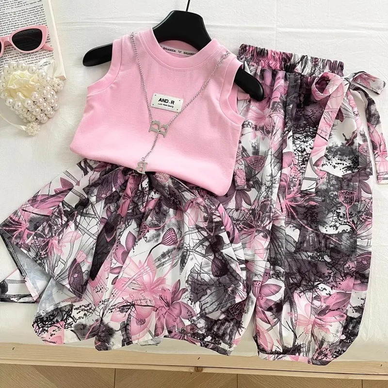 

TOY-Girls' Vest Set Summer2025New Children's Summer Outfit Baby Girl Clothes Stylish Fashionable Three-Piece Set