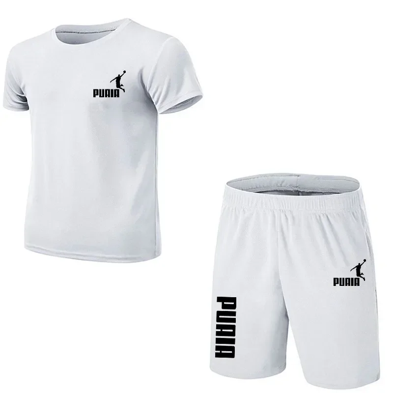 Summer new men\'s casual comfort breathable quick drying mesh T-shirt top + shorts 2 sets jogging fitness training sportwear set