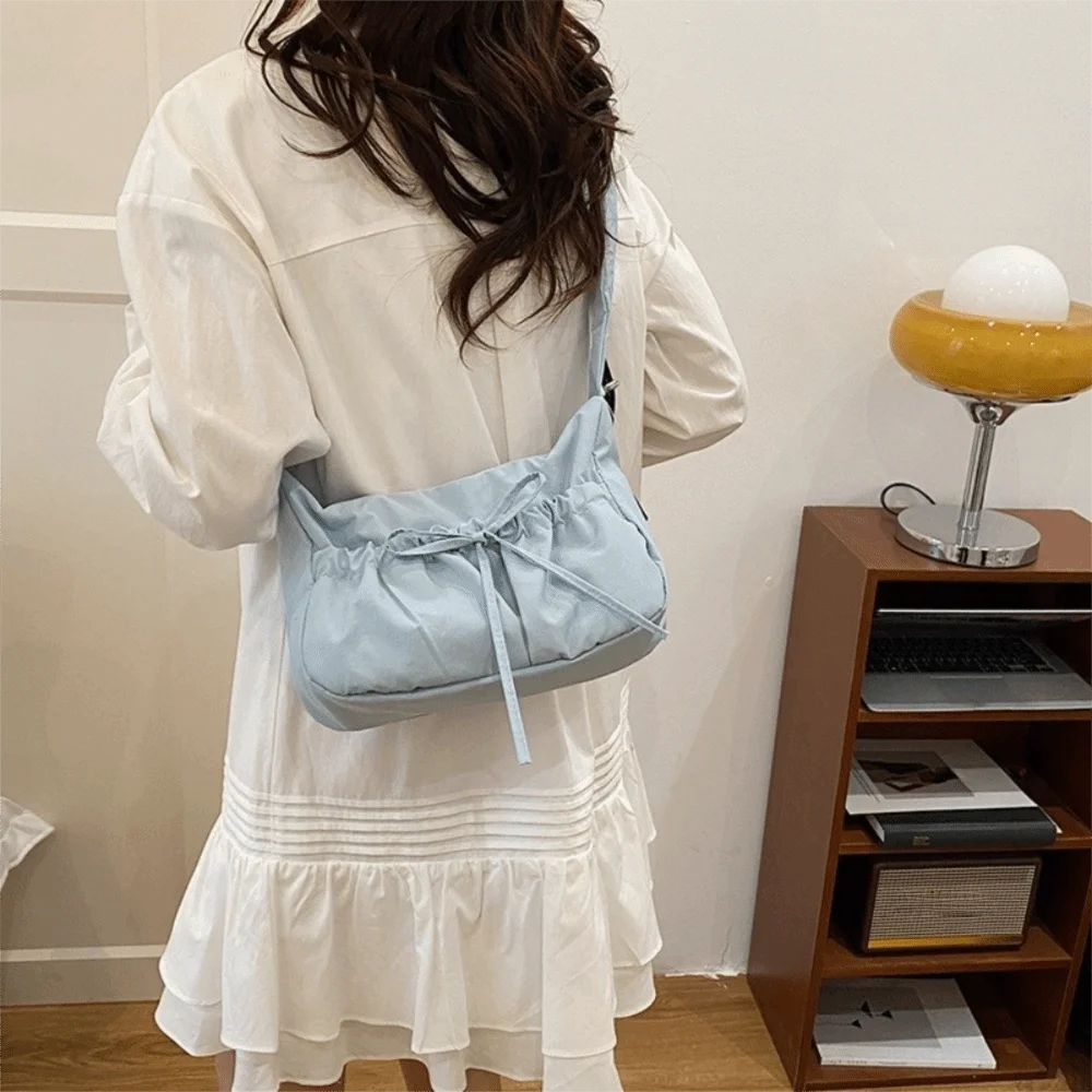 

Sweet Nylon Bow Pleated Bag Drawstring Adjustable Pleated Shoulder Bag Kroean Style Solid Color Women's Handbag Girls