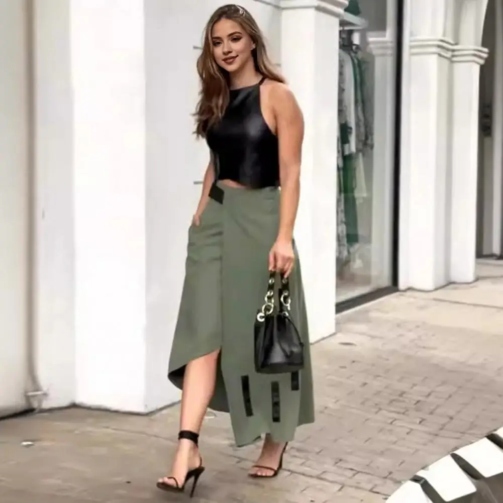 2 Pieces/set Women's Top And Skirt Suit Color Block Off-shoulder Sleeveless High Waist Irregular Hem Halterneck Tank Top Suit