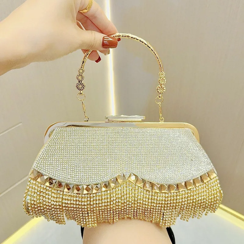 

New Fashion Women's Tassel Water Diamond Bag Evening Dress Party Handbag Diamond Set Bag Diagonal Cross Handheld Banquet Bag