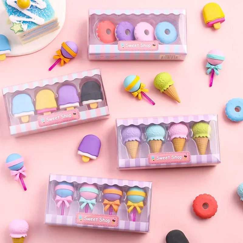 4 pezzi simpatici gomme da cancellare a forma di gelato lecca-lecca cancelleria Kawaii gomma da cancellare in gomma da Dessert carino per forniture per ufficio scolastico per bambini